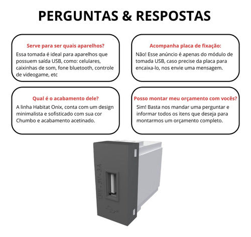 módulo tomada usb 3a bivolt habitat onix chumbo cinza fame