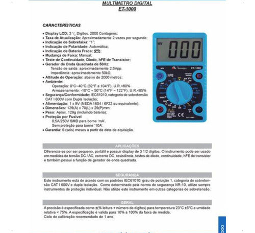 multímetro digital profissional et-1000 minipa portátil
