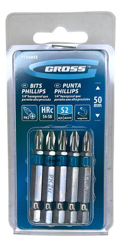 jogo de bits phillips ph2 50mm 1/4 polegada c/ 5 peças gross