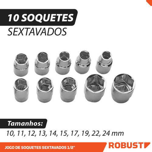 Jogo De Soquetes Sextavados 10 A 24mm 12 Peças Robust