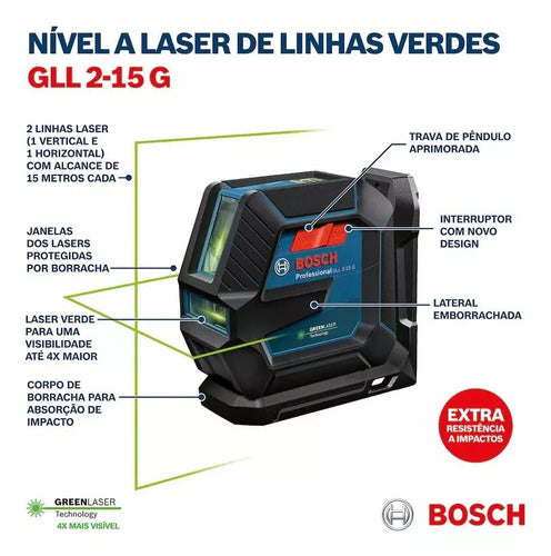 nível laser linha verde gll 2-15 profissional c/maleta bosch