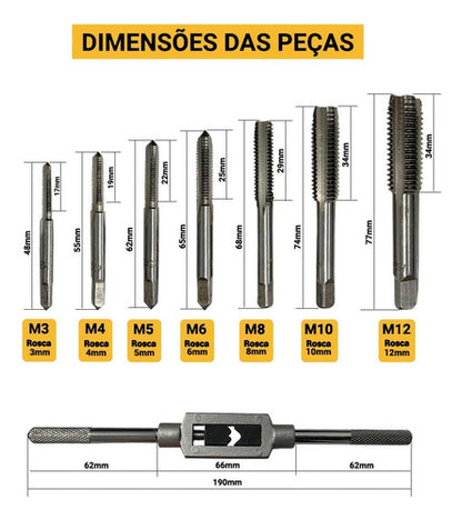 Kit 8 Peças Jogo Macho Abrir Fazer Rosca Aço Carbono Bestfer Prateado