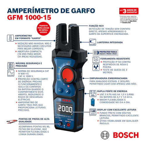 Amperímetro De Garfo Trms Bosch Gfm 1000-15 C/ Pilha E Bolsa