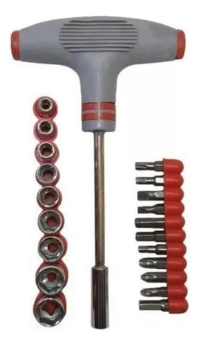 Jogo De Chaves Tipo T Com Soquetes E Bits 21 Peças Cinza