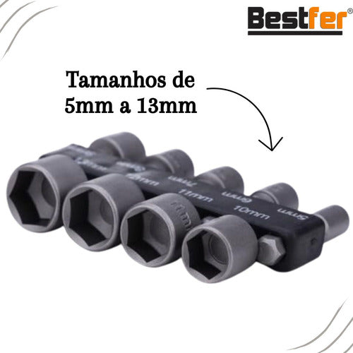 jogo c/ 9 soquetes canhao parafusadeira 5mm a 13mm bestfer prata