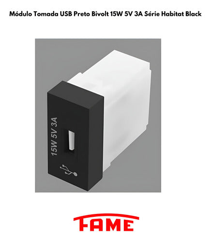 Modulo Tomada Usb Habitat Black Bivolt 15w 5v 3a - Fame Pret Preto