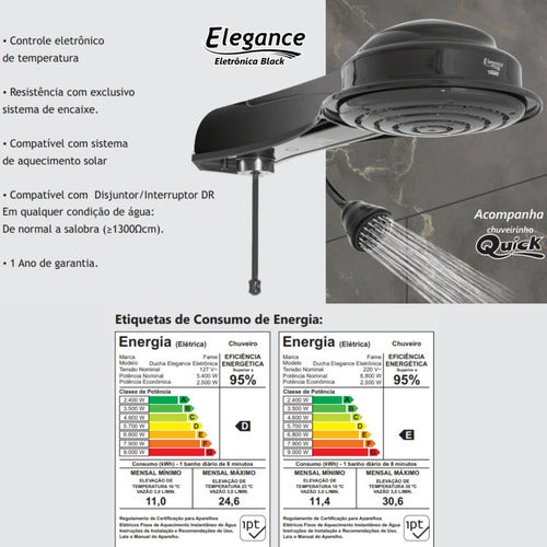 Ducha Elegance Eletrônica Black - 220v~ - 6.800w - Fame
