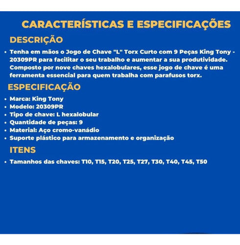 Jogo De Chave Torx Curto T10 A T50 King Tony 9 Peças 20309pr