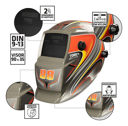 Mascara Solda Auto Escurecimento Racing 88 Cinza 4k Tork - Cinza - Racing 88