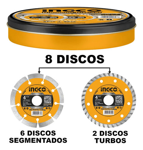 Jogo De Discos Diamantados 8 Unidades Ingco Segmentado+turbo