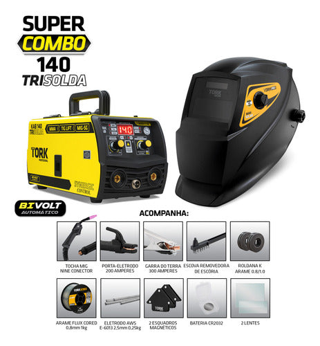 maquina solda mig 140a s/gás 3em1 tig eletrodo mascara bivol - amarelo/preto - 127/220v