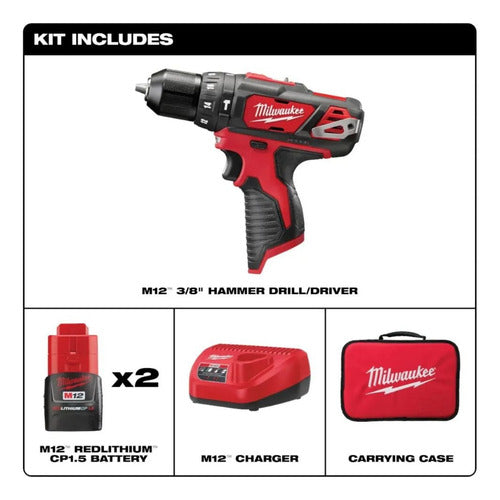 furadeira impacto 3/8  milwaukee 2408-259 2 baterias 12v 2ah vermelho