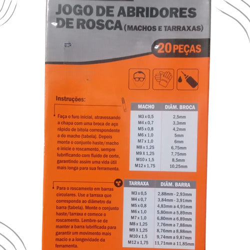 kit tarraxas e cossinete macho jogo 20 peças estojo bestfer  laranja