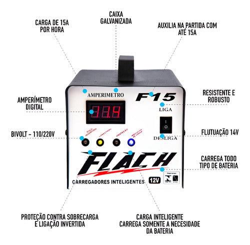 carregador de bateria 15a 12v aux. partida bivolt f15 flach