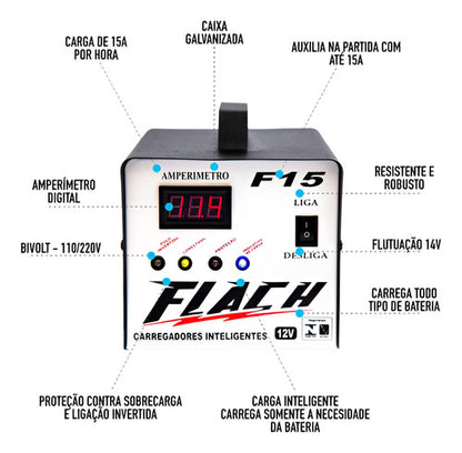 Carregador De Bateria 15a 12v Aux. Partida Bivolt F15 Flach