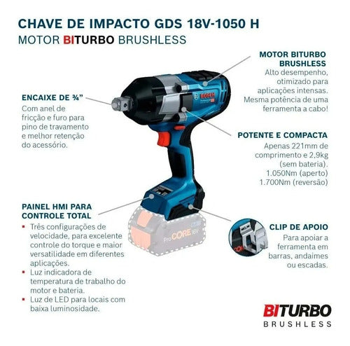 chave de imp 3/4 biturbo gds 18v 1050h c/ 2 bat 4ah bosch