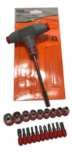 Jogo De Chaves Tipo T Com Soquetes E Bits 21 Peças Cinza