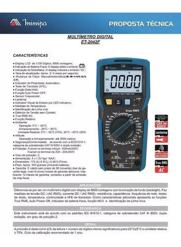 Multimetro Digital Portátil Et-2042f Minipa Catiii 600v Rms