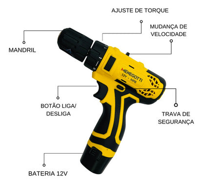 Parafusadeira Mandril 10mm 12v Lítio 1,3ah Bivolt Menegotti