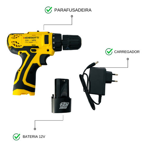 Parafusadeira Mandril 10mm 12v Lítio 1,3ah Bivolt Menegotti