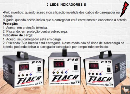 Carregador De Bateria 15a 12v Aux. Partida Bivolt F15 Flach