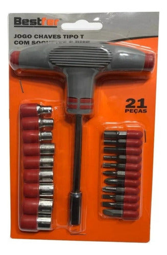 jogo de chaves tipo t com soquetes e bits 21 peças cinza