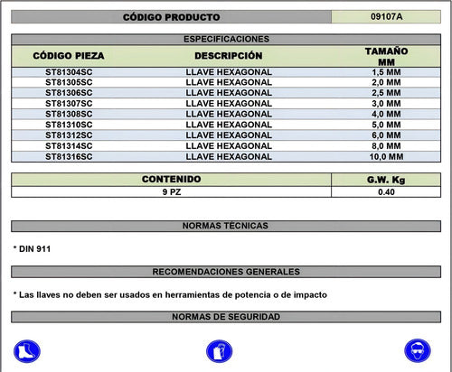 Chave Allen Longa Sata Jogo 01.5mm A 10mm 9 Peças