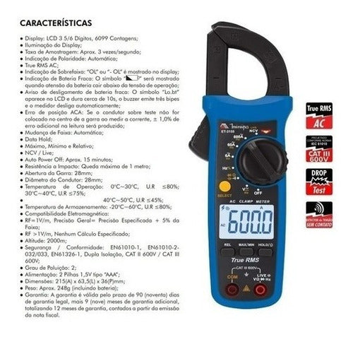 Alicate Amperimetro Digital Ncv True Rms Ac Et-3155 Minipa