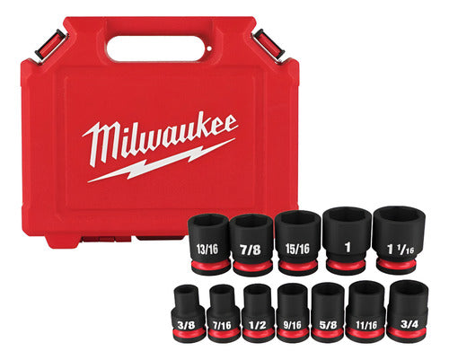 jogo soquete impacto encaixe 1/2  curto 12 peças milwaukee