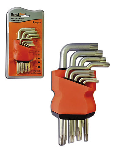 jogo de chaves torx curta 9 peças em aço bestfer c/ guia prateado
