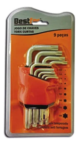 jogo de chaves torx curta 9 peças em aço bestfer c/ guia prateado