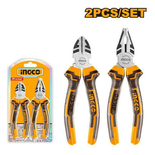 Jogo De Alicates Ingco Industriais 2 Peças Corte Universal - Amarelo