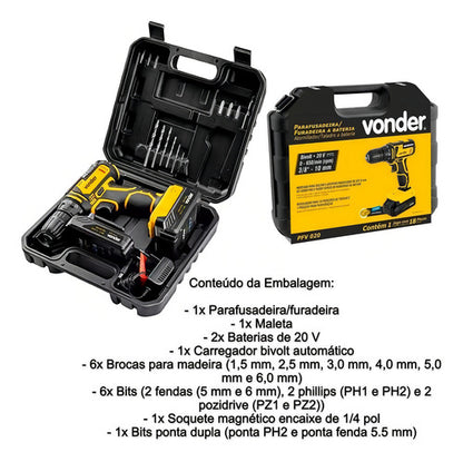 Parafusadeira Furadeira Impacto Pfv020i Vonder 2 Baterias - Amarelo - 50 Hz/60 Hz - 127/220V