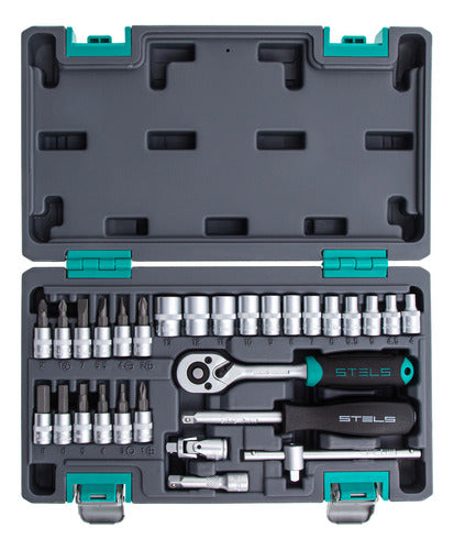 jogo de ferramenta cromo vanádio 1/4 maleta 29 peças stels