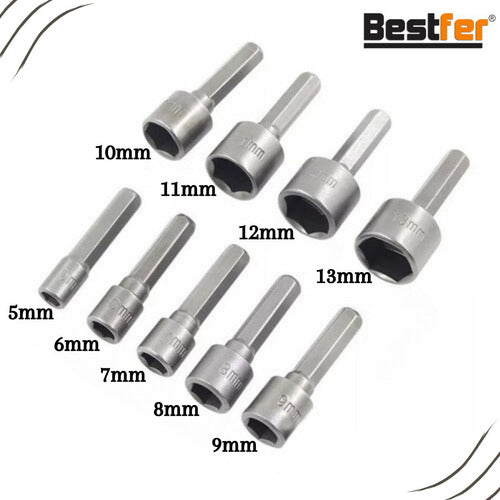 jogo c/ 9 soquetes canhao parafusadeira 5mm a 13mm bestfer prata