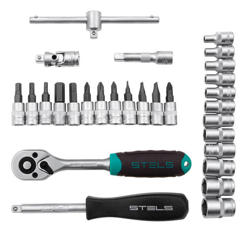 jogo de ferramenta cromo vanádio 1/4 maleta 29 peças stels