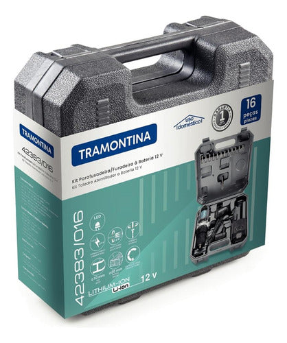 parafusadeira e furadeira 12 v tramontina à bateria 16 peças cinza