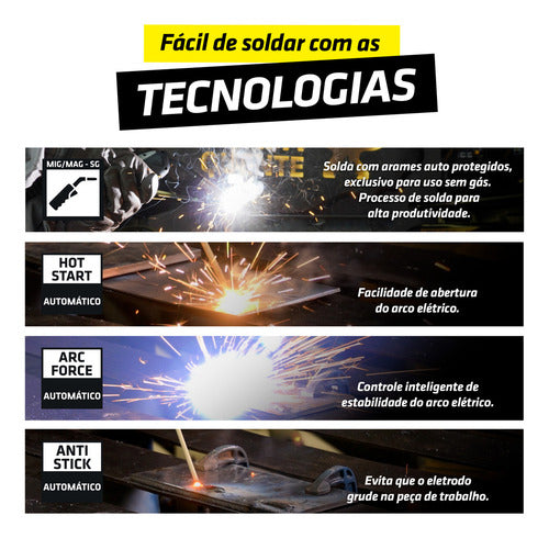 maquina solda mig 140a s/gás 3em1 tig eletrodo mascara bivol - amarelo/preto - 127/220v