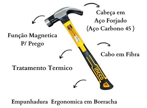 martelo unha magnético cabeça aço forjado 450g 29mm ingco