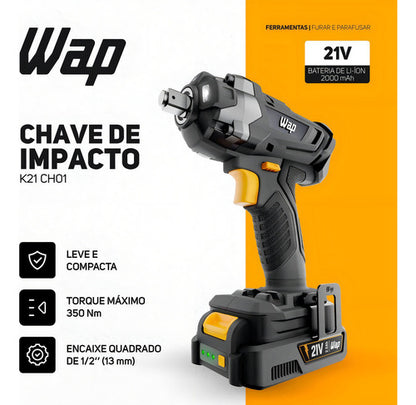 Chave De Impacto A Bateria 21v Encaixe 1/2pol C/ Bateria Wap