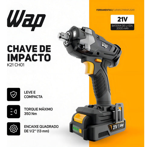 Chave De Impacto A Bateria 21v Encaixe 1/2pol C/ Bateria Wap