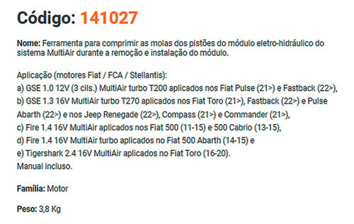Ferramenta P/ Extrair Sistema Multiair T200/270 Raven 141027