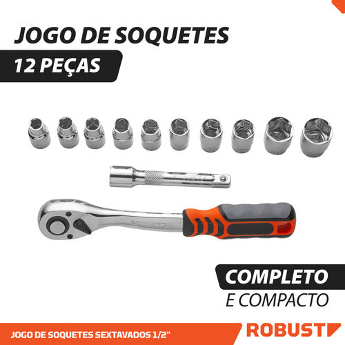 Jogo De Soquetes Sextavados 10 A 24mm 12 Peças Robust