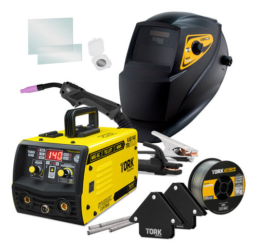 maquina solda mig 140a s/gás 3em1 tig eletrodo mascara bivol - amarelo/preto - 127/220v