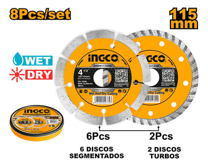 Jogo De Discos Diamantados 8 Unidades Ingco Segmentado+turbo
