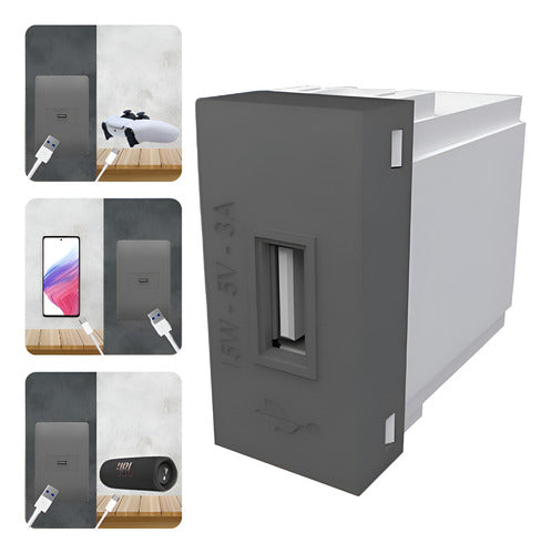 módulo tomada usb 3a bivolt habitat onix chumbo cinza fame