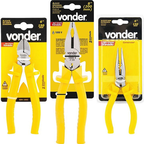 Kit 3 Alicates Corte Bico Longo Universal Isolado Vonder
