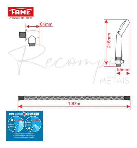 Desviador P/ Ducha | Chuveiro Em Metal Mangueira 1,8m Fame