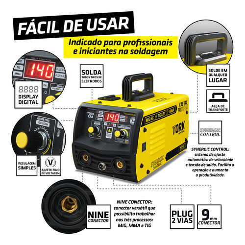 maquina solda mig 140a s/gás 3em1 tig eletrodo mascara bivol - amarelo/preto - 127/220v