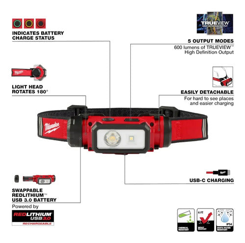 Lanterna De Led Recarregavel Para Cabeca Milwaukee 2163-21 Branco